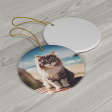 "Gray and white fluffy cat on Vacation" AI Created, Ceramic Ornament, 4 Shapes